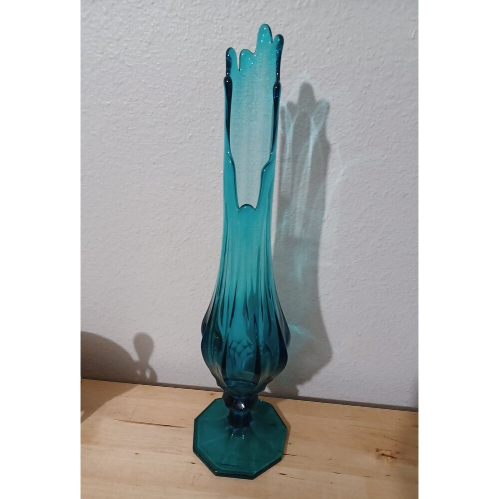 Vintage LE Smith Dominion Blue Pedestal Swung Viking Glass Vase 9 Pedals  18.5”